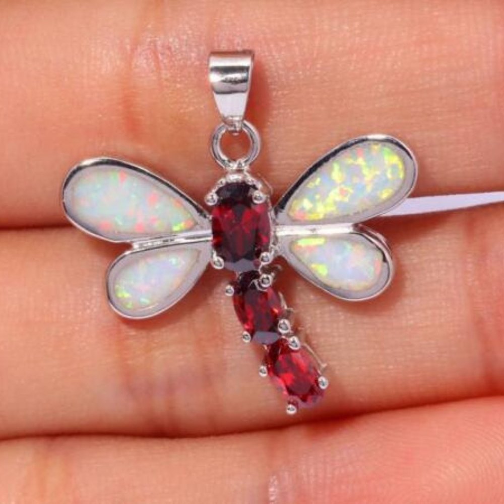 New - Dragonfly White Fire Opal and Garnet Silver Pendant - Chain Included